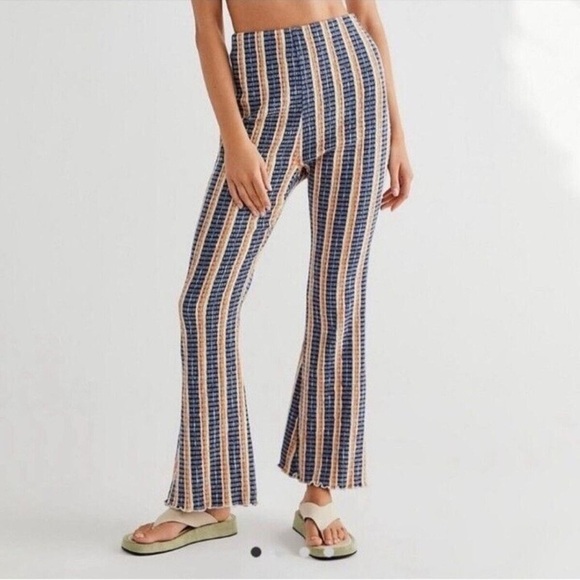 Free People Fine Line Slim High Waist Flare Striped Textured Pant Small Boho - Picture 2 of 13